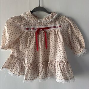 Charming Vintage 3-6 Months Cream Kids Blouse with Red Bow